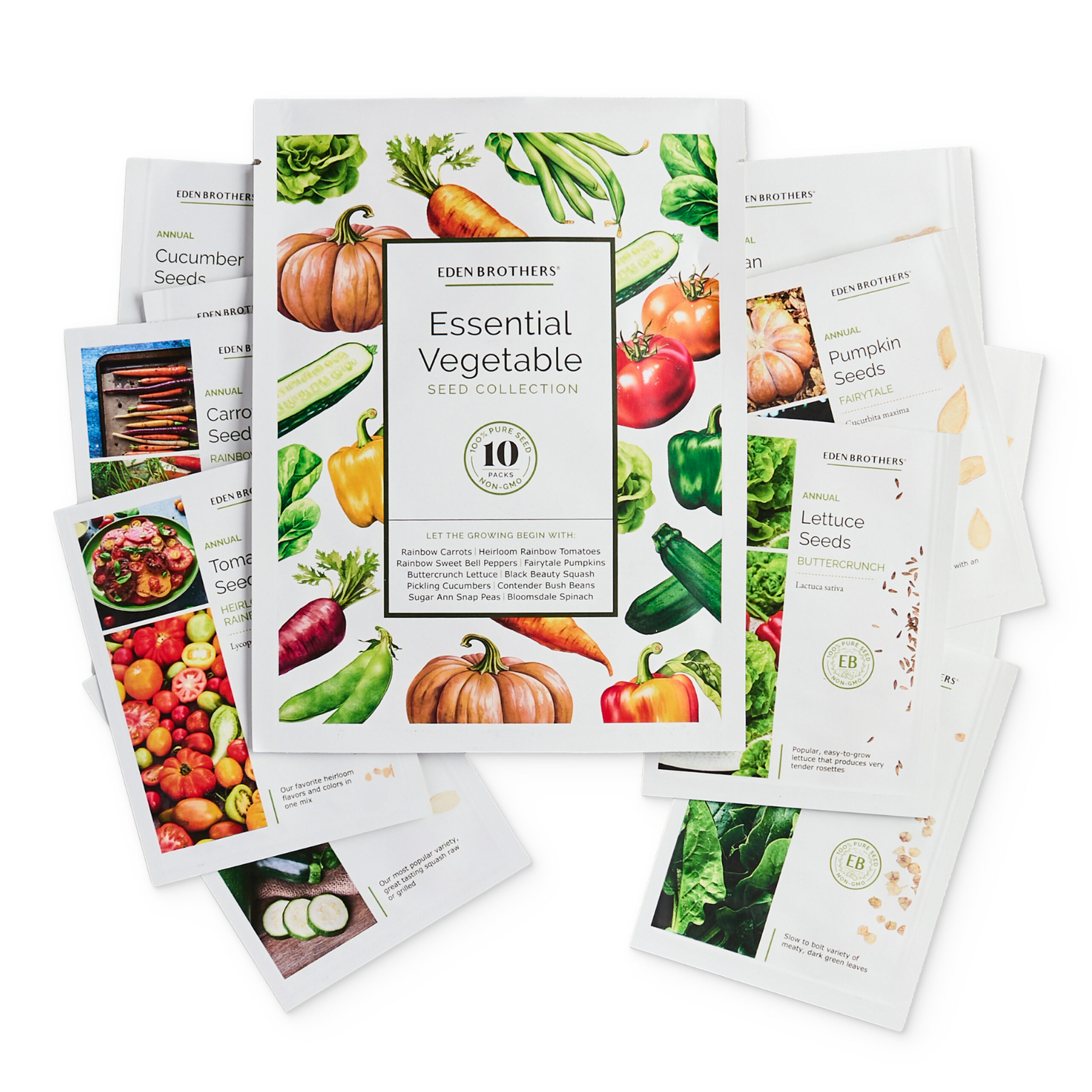 Essential Vegetable packet with the 10 included vegetable seed packets scattered to the sides of the larger vegetable packet
