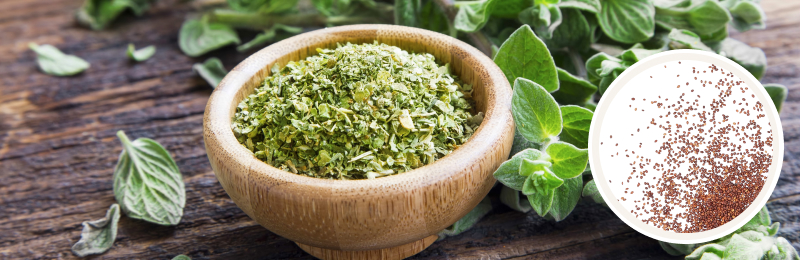 dried oregano in bowl with fresh oregano on table with seeds