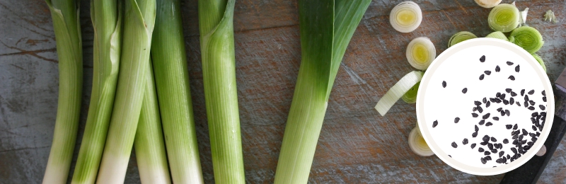 leeks on table with seeds