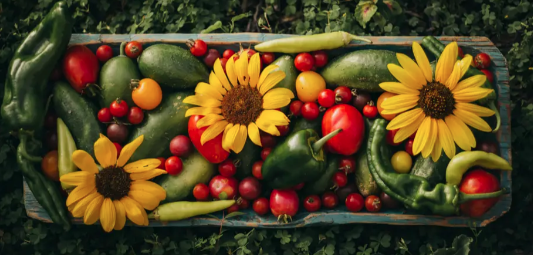 sunflowers and veggies in a rectangular bowl