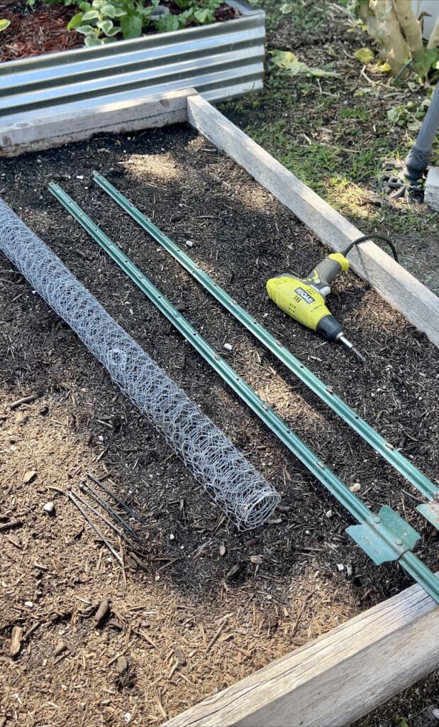 chicken wire, drill and metal stakes in a garden bed