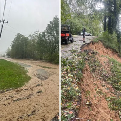 road washed away at Hickory Nut Gap farm in NC