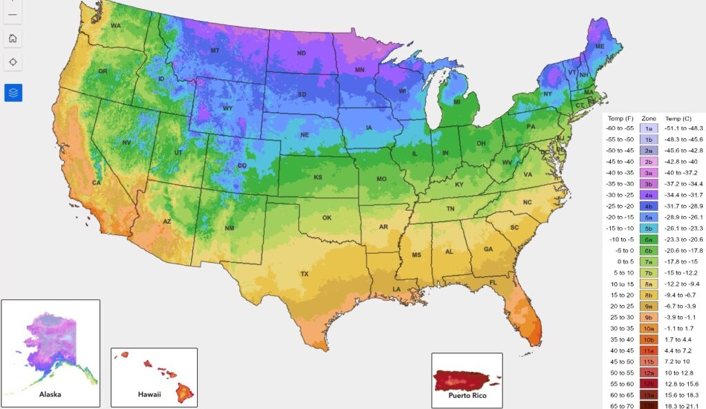 map of US with colors showing the USDA growing zones