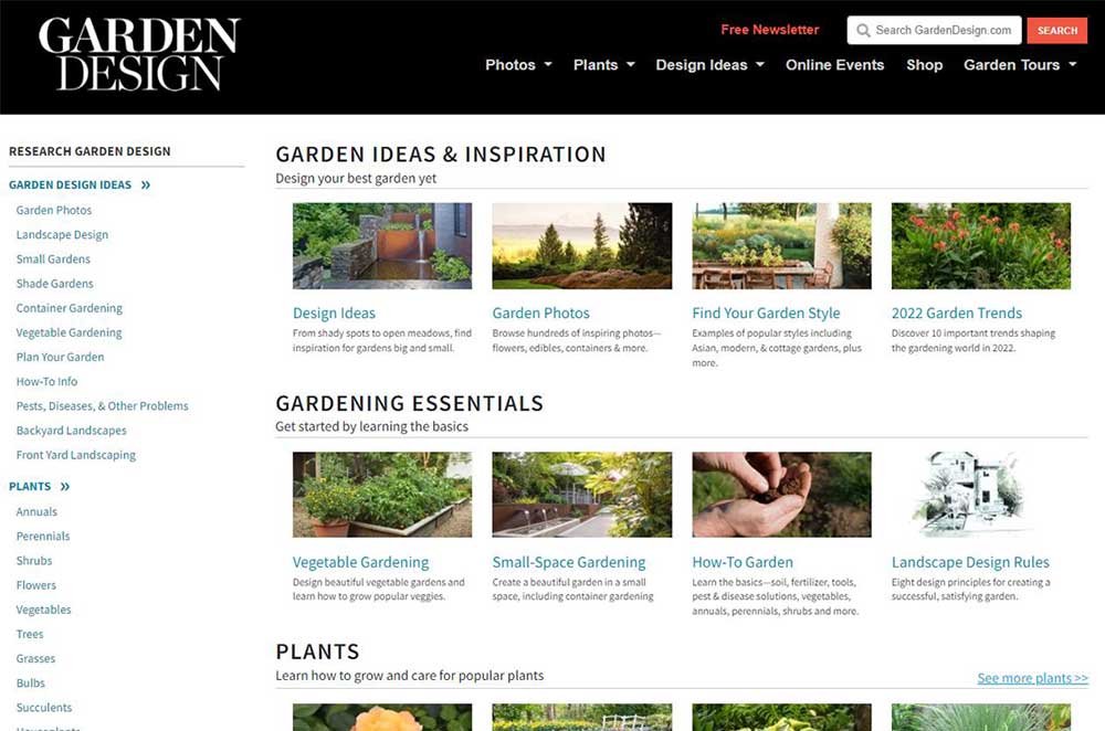 screenshot of garden design blog website