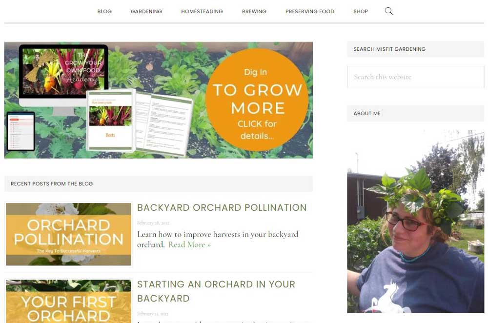 screenshot of misfit gardening blog website