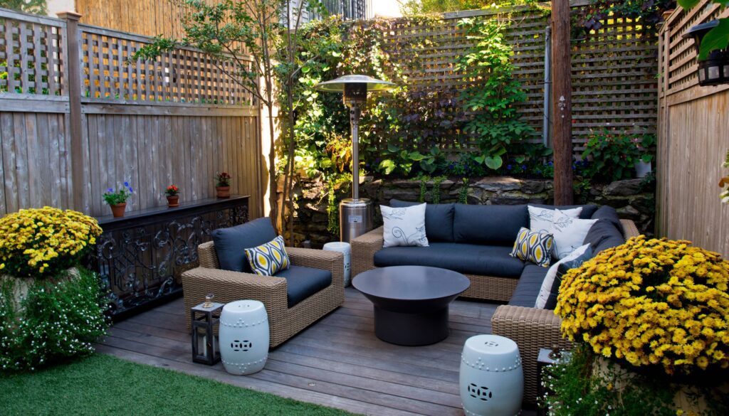 backyard patio with flower in pots