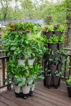 tower of containers on porch with herbs and vegetables