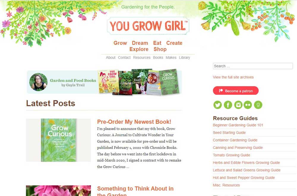 screenshot of you grow girl gardening blog website