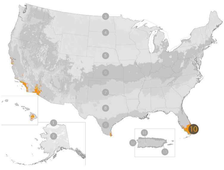 map of USA with zone 10 highlighted