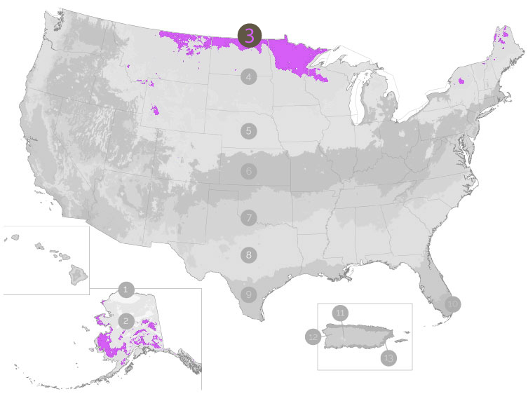 map of United States showing the frost dates by zone with zone 3 highlighted in purple and the rest in greyscale