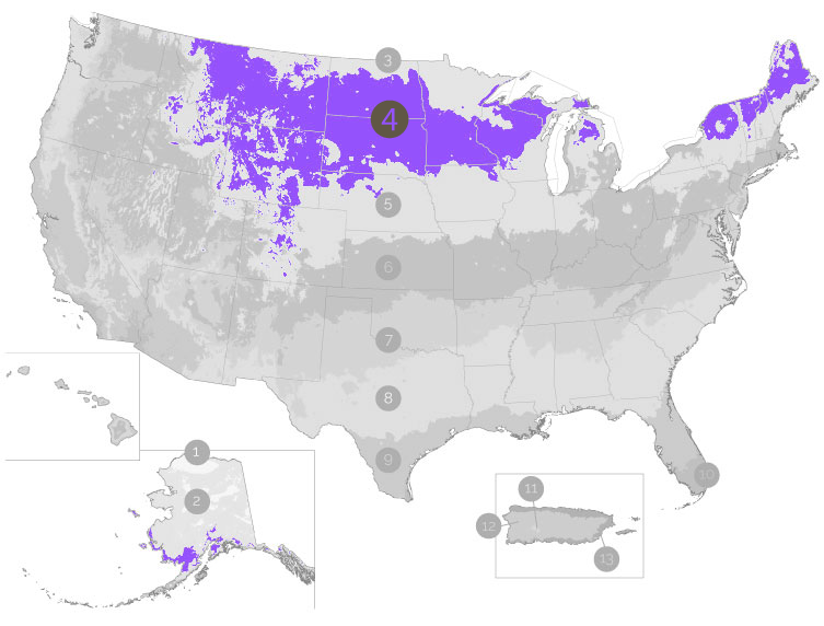 map of United States showing the frost dates by zone with zone 4 highlighted in purple and the rest in greyscale
