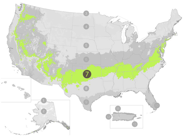 map of USA with zone 7 highlighted