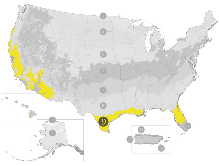 map of USA with zone 9 highlighted