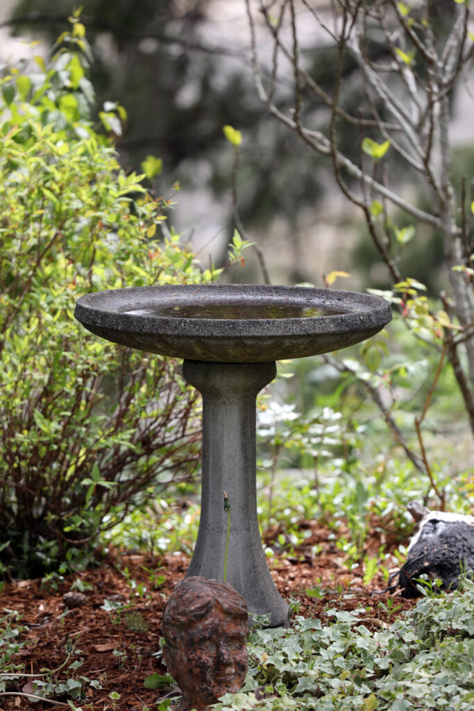 A stone birdbath on a pedestal in a blurred garden