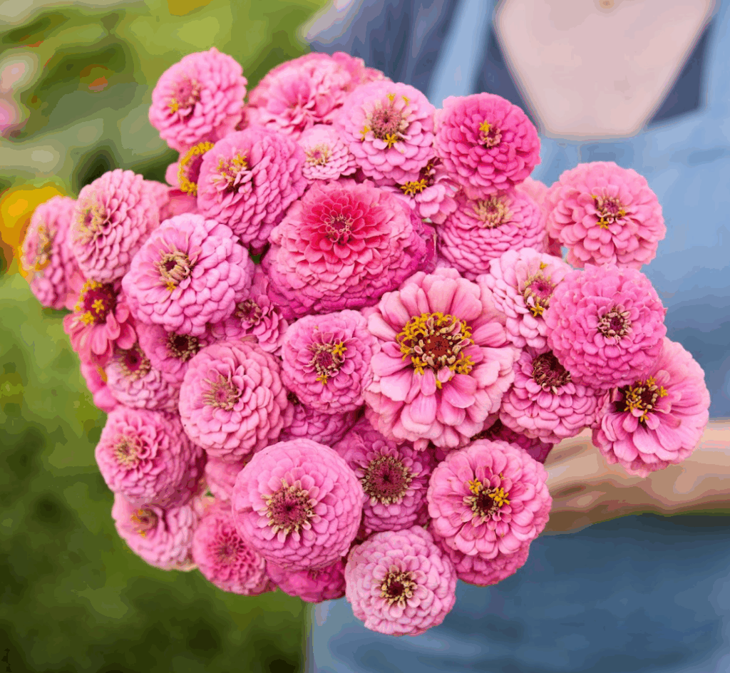 someone holding a bouquet of pink zinnias