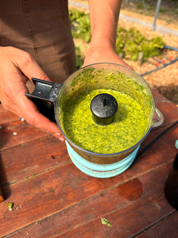 top view looking down on green dressing in a blender
